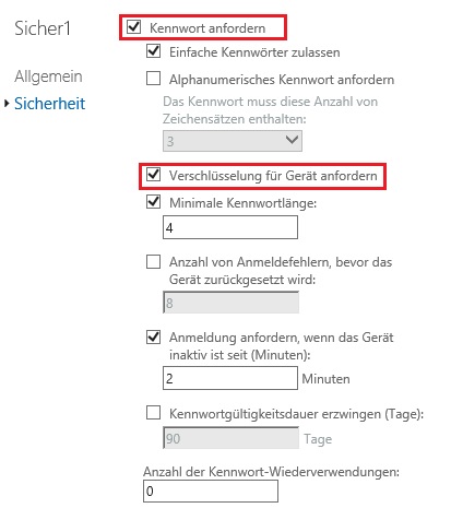 Sicherheitsregeln für mobile Geräte festlegen